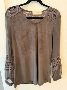 Sweet Jane Taupe Crochet-Trim Long Sleeve Blouse